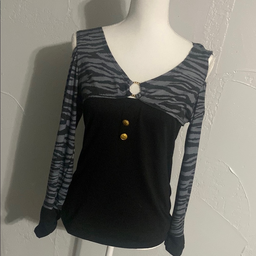 Asymmetrical Black and Gray Long Sleeve Blouse